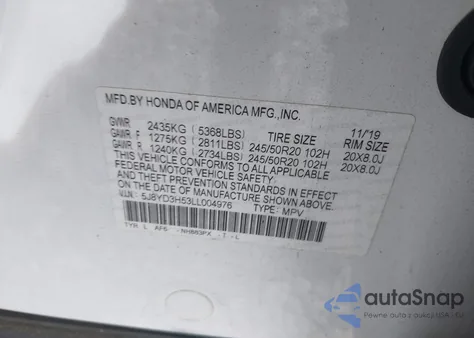 2020 Acura Mdx Technology Package z USA, uszkodzony, nr VIN 5J8YD3H53LL004976